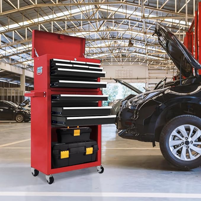 Kirmoasl 13-Drawer Rolling Tool Chest,Large Tool Chest with Wheels,2 in 1 Detachable Tool Chests,Portable Tool Storage,Locking Mechanic Tool Box for Warehouse,Garage (Red&Black)