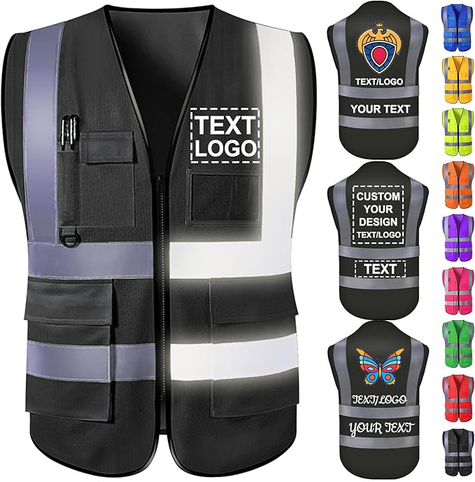 Custom Safety Vest with Logo for Men Women Personalized Class 2 High Visibility Reflective Vests with Pockets Zipper(S-5XL)
