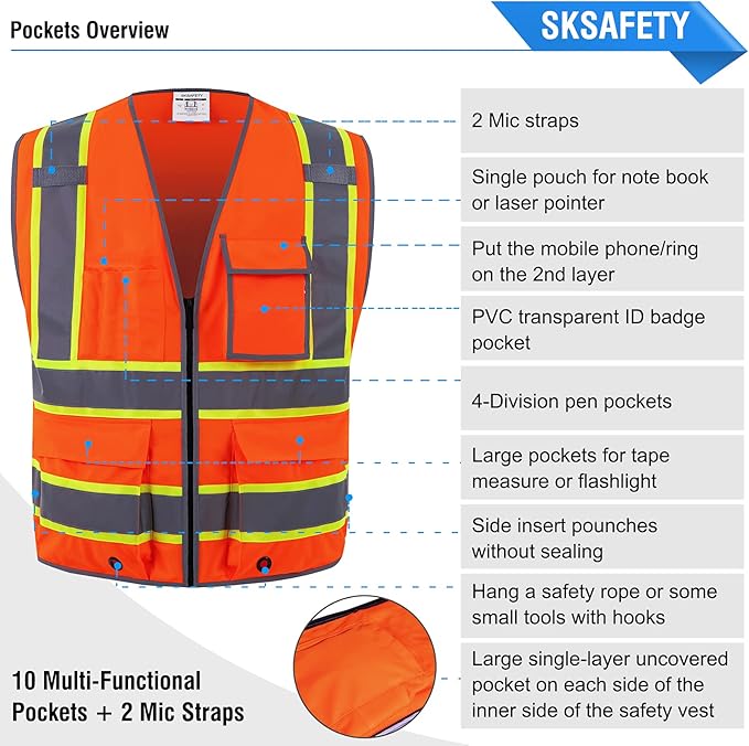 SKSAFETY 10 Pockets Safety Vest, Class 2 High Visibility Security with Zipper, Hi Vis Vest with Reflective Strips, ANSI/ISEA Standard, Construction Work Vest for Men ＆ Women （Orange, 5XL）