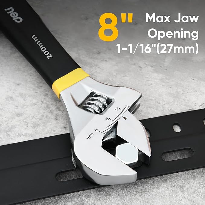 deli 8" Adjustable Wrench Heavy-Duty Chrome - Anti-Slip Grip, Smooth-Jaw, Cr-V Steel, Wide Opening for Plumbing & DIY