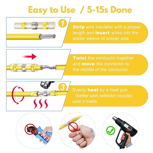 Kuject 50PCS Solder Seal Wire Connectors AWG 12-10, Yellow Solder Seal Heat Shrink Butt Connectors Terminals Solder Sleeve Waterproof Wire Splice Connector for Marine Boat Wire Joint