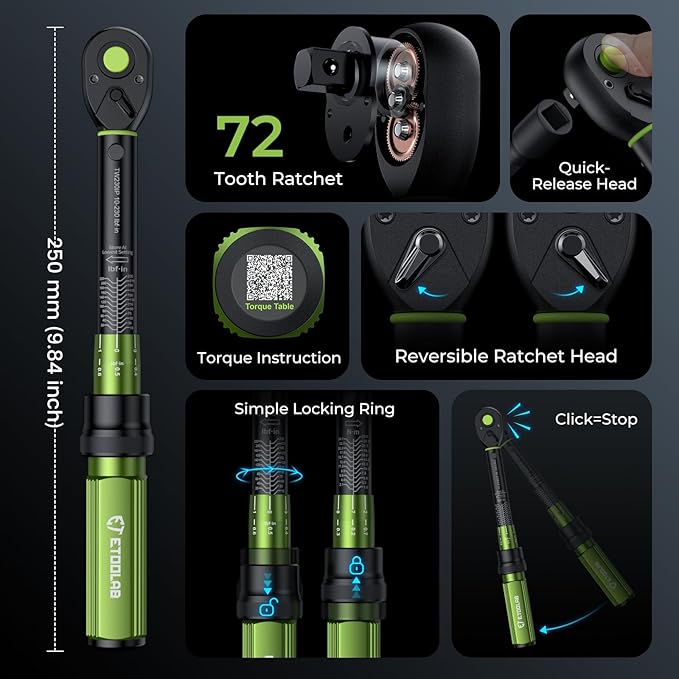 1/4-Inch Drive Click Torque Wrench 10-230 in.lb/1-26 Nm, Dual-Direction Adjustable 72 Tooth Click Torque Wrench for MTB, E-Bike, Moto Maintenance
