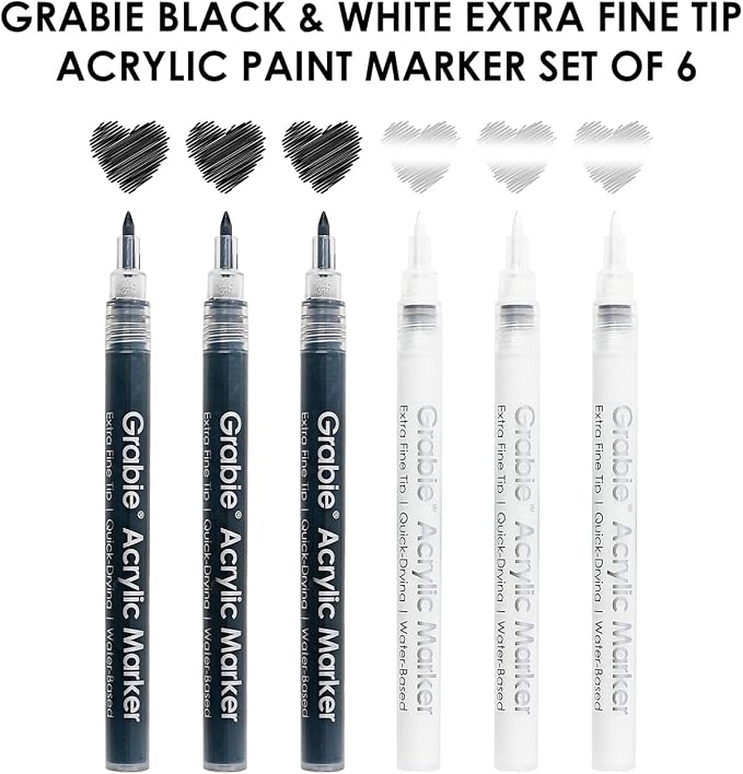 Grabie Black & White Extra Fine Tip Acrylic Paint Marker Set, 6 Pack, 0.7mm - Image 3