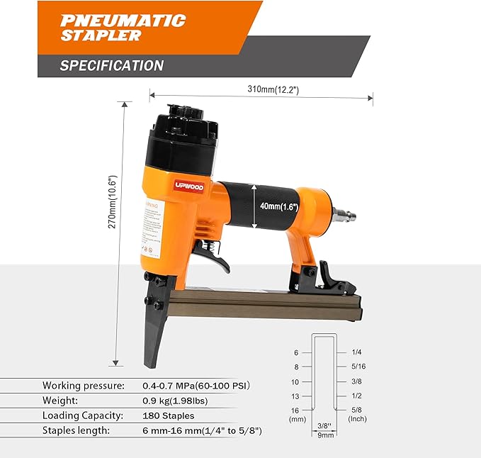 7116LN Air-Powered Staple Gun 22 Gauge Stapler, Pneumatic Oil-Free Upholstery Stapler, top Exhaust, for Woodworking, Professional and DIY Projects