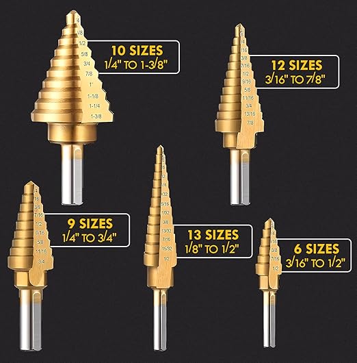6 PCS Step Drill Bit Set with Automatic Center Punch, 1/8" to 1-3/8", High-Speed Steel Step Drill Bit for Stainless Steel, Metal, Aluminum, Copper, Wood, PVC