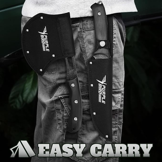 PURPLEBIRD Outdoor Survival Axe & Fixed Blade Knife Set - Full Tang Camping Hatchet and Hunting Knife with Sheath, Lightweight Small Hand Axe & Bushcraft Knives Set with Wood Handle, Gift Box for Men