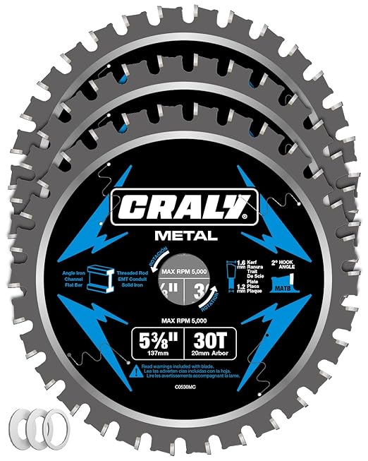 CRALY 5-3/8 Inch 30 Teeth Steel and Ferrous Metal Cutting Circular Saw Blade, 20 mm Arbor, Thin Kerf, Professional Carbide Tipped Blade for Angle Iron, Threaded Rod, EMT Conduit, 3-Pack(C0530MC-3)