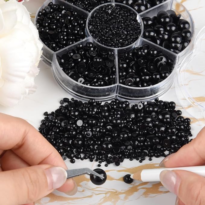NACHLYNN 6480 Pcs Flat Back Pearl 7 Sizes Half Round Bead Black - Image 4