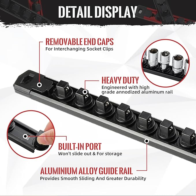 Magnetic Socket Organizer, 3-Piece Heavty Duty Aluminum Socket Holder, Socket Rail for Tool Box, Premium Quality 360° Swivel Socket Rack Kit with 40 Clips for 1/2, 3/8, 1/4-Inch(Black)