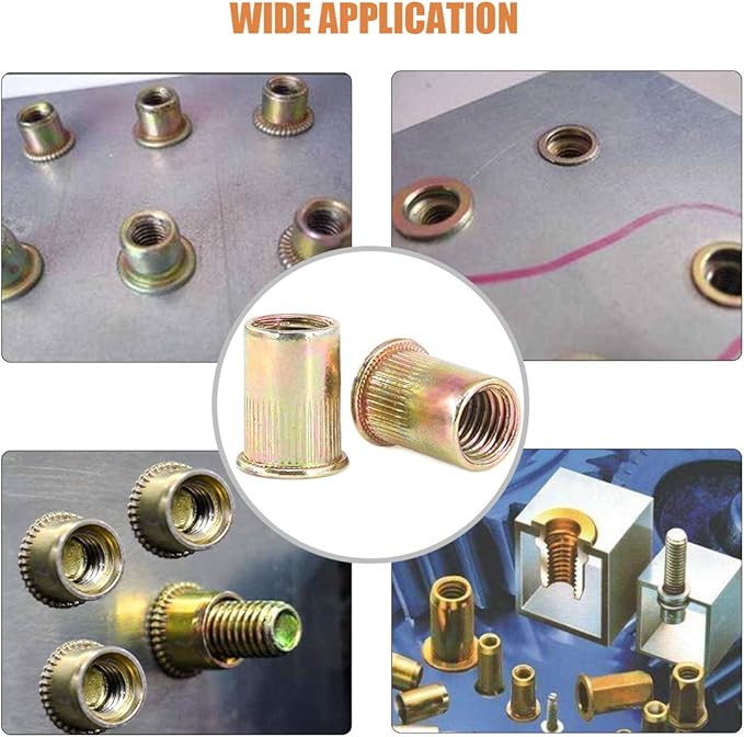Keadic 100Pcs M12 Rivet Nuts Metric Zinc Plated Rivet Nut Carbon Steel Rivet Nut Flat Head Threaded Insert Kit Threaded Rivet Insert Nutsert Rivnuts Kit for Furniture