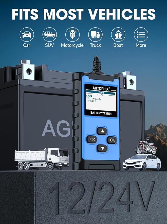 AUTOPHIX BAS100 Car Battery Tester 12V 24V, Accurate Automotive Load Meter Alternator Analyzer 100-2000 CCA Load Tester, Charging & Cold Cranking Test for Cars Truck Motorcycle Boat and More