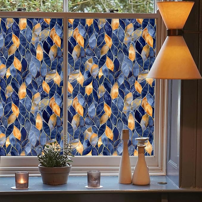 Golden Yellow Blue Leaf Mosaic Window Films Decorative Double-Side Privacy Film - Image 3