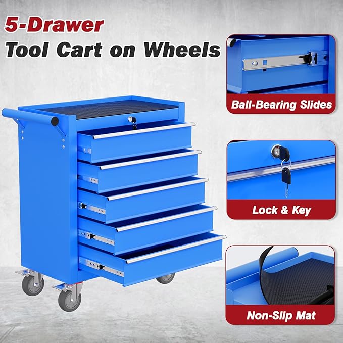 Rolling Tool Chest with Drawers, 5 Drawers Tool Chests & Cabinets, Metal Toolbox with Wheels, Lockable Storage Cabinet, Garage Tool Box with Drawers (Blue, 5 Drawers)
