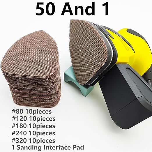 Mouse Mesh Sanding Sets, 1Pc Sanding Interface Pad and 50Pcs Sanding Paper 80 | 120 | 180 | 240 | 320 Grit Hook and Loop Sandpaper for Detail Sander -FMN51