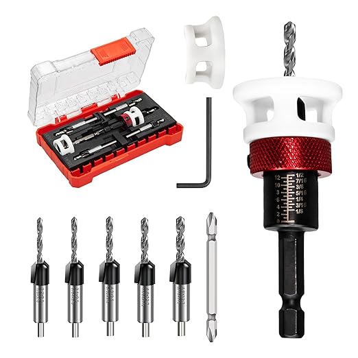 Countersink Drill Bit Set, Upgraded Larger Depth Stop, 5 PCS Replaceable HSS M2 Tapered Head, a Screwdriver Bit and a Wrench, 1/4" Hex Shank Counter Sink Drill Bit for Wood