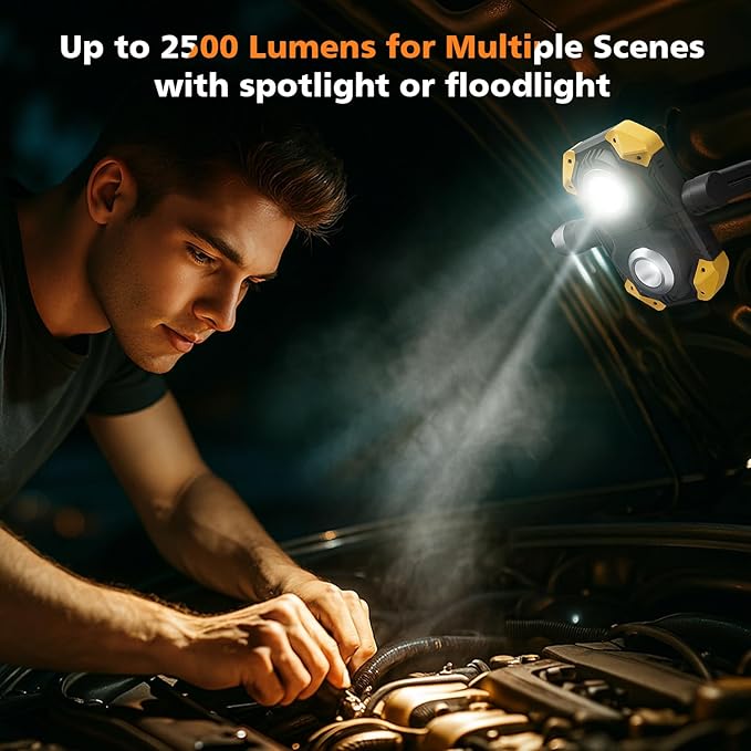 Samyoung 2 Pack Magnetic 2500 LM Rechargeable Work Light, 10 Hours Long Lasting 360° Rotating LED Work Light Folding Waterproof for Job Site Car Inspection Camping Emergency