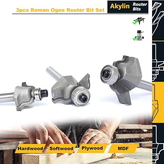 3Pcs Roman Ogee Router Bit Set,1/4" Shank,Bearing Guided Decorative Edge Bits Double Radius 5/32",3/16",7/32" Edging Cutter for Wood Profiling,Routing,Molding