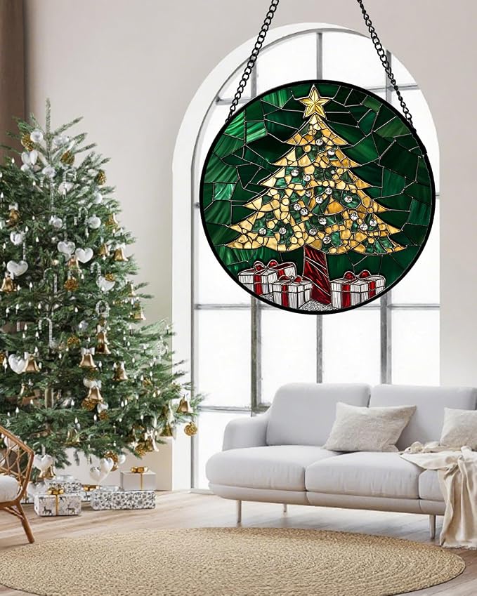 Stained Glass Window Hanging -Gold Green Christmas Tree Suncatcher - Image 5