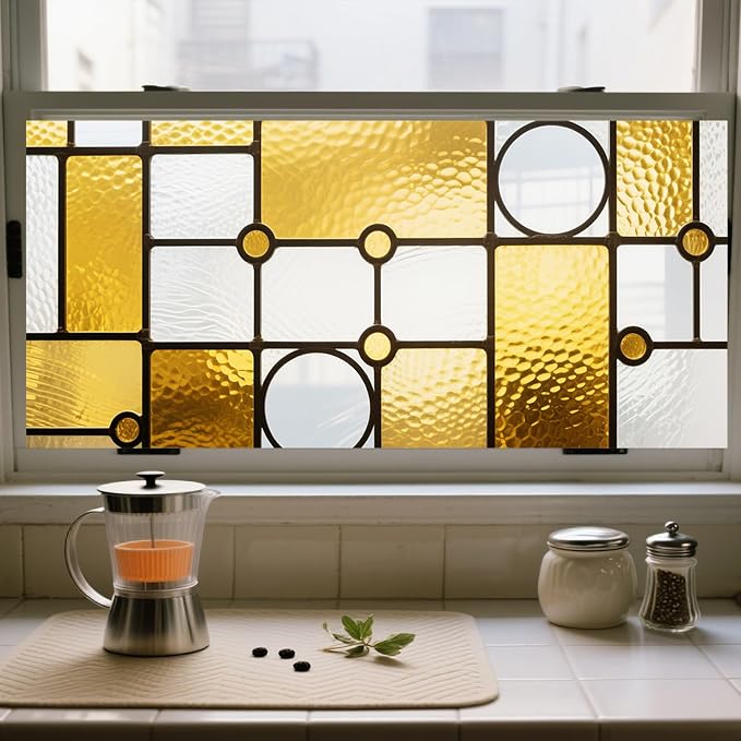 IVN Privacy Window Film Decorative Stained Glass Yellow and White Geometric - Image 6