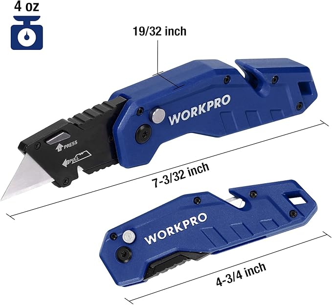 WORKPRO Folding Utility Knife, Box Cutter with Belt Clip, Quick-Change Blade, Lightweight Nylon Handle, Wire Stripper & Gut Hook, Extra 10 SK5 Blades Included, Blue