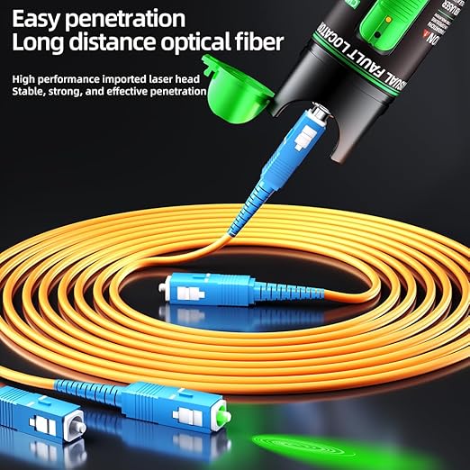 Green Light Fiber Optic Tester - Visual Fault Locator, 510nm Wavelength, Compatible with SC/FC/ST/LC Interfaces, Ideal for Network Maintenance & Data Center Technicians.