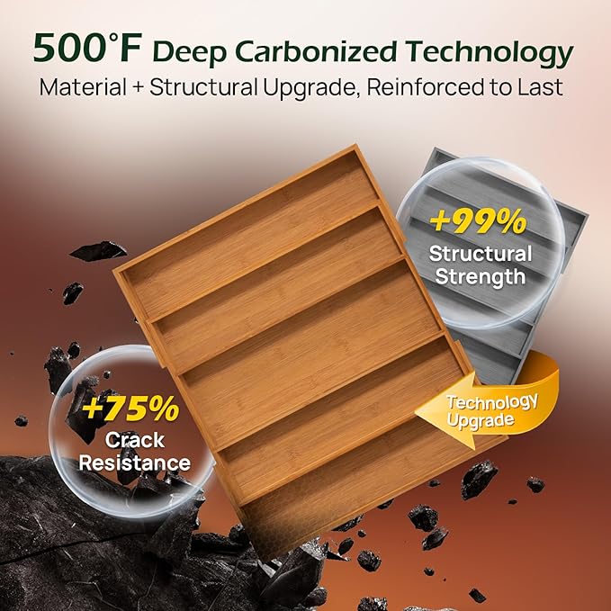 Carbonized Bamboo Kitchen Drawer Organizer, 5 Slots Expandable Silverware Organizer, Utensil Holder & Cutlery Tray, 2.2" Deep for Extra Capacity, Non-Slip Feet Included