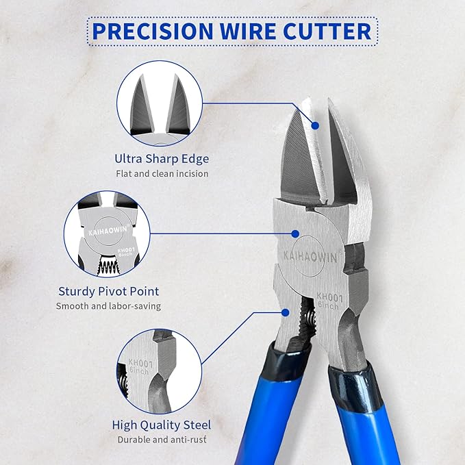 Wire Cutters 2 Pack, 6.5 inch,KAIHAOWIN Flush Cutters Diagonal Cutters Side Cutters Precision Ultra Sharp Spring Loaded Wire Snips Clippers Dikes Cutting Pliers Small for Crafting Jewelry Making,Blue