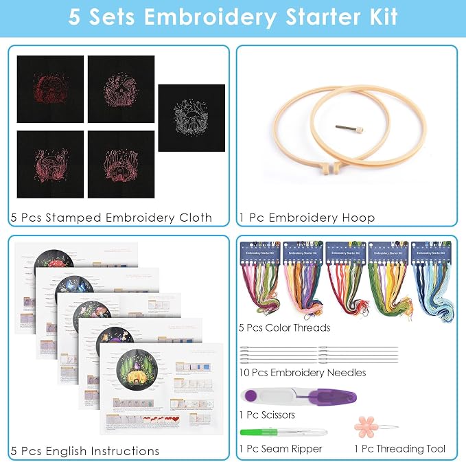 ERKOON 5 Sets Embroidery Kit for Beginners, Art Craft Handy Sewing Set Mushroom - Image 2