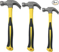 3 Pack of Claw Hammers (20 oz, 16 oz, 8 oz) with Sure-Grip Fiberglass Handles and Polished Steel Head
