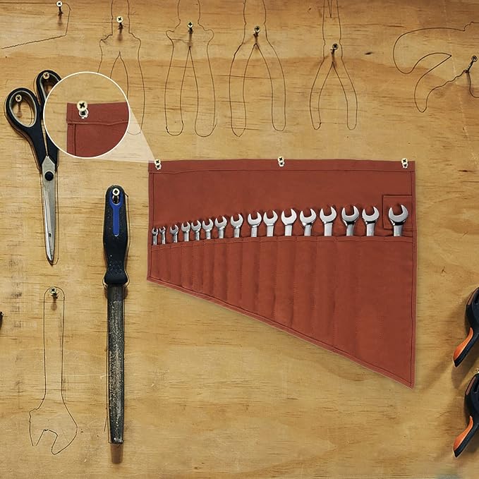 Tool Organizers,16 Pocket Wrench Pouch,Metric or SAE,Wrench Bag and Wrench Roll Up Pouch,Used for Wrench Organization and Tool Storage(Reddish brown)