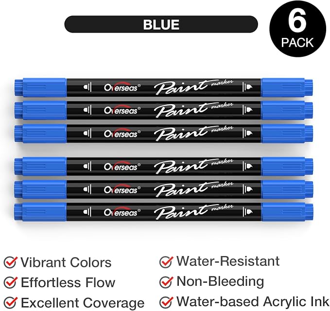 Overseas 6 Blue Acrylic Paint Markers, Dual Tip Paint Pens Acrylic Marker | Dot - Image 2