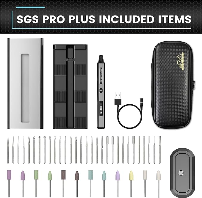 AM ARROWMAX Mini Engraving Pen, Rotary Tool with 42 Bits, Aluminum Case, Smart Motion Control, OLED, APP, Magnetic Charger, Tool Bag, Engraving Pen for Jewelry, Wood, Glass, Carving (SGS PRO Plus)