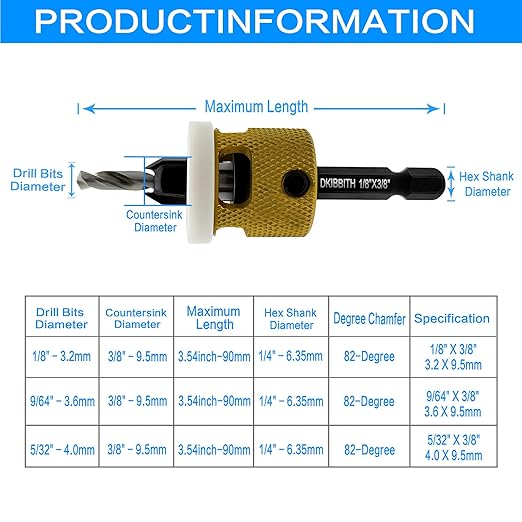 3 Pcs Countersink Drill Bit Set, HSS M2 Tapered Bits #10#12#14-1/8" 9/64" 5/32" Drill, 3/8” 82° Counter-Bore, 1/4” Hex Shank, with Adjustable Depth Stop for Accurate Woodworking with Carrying Case