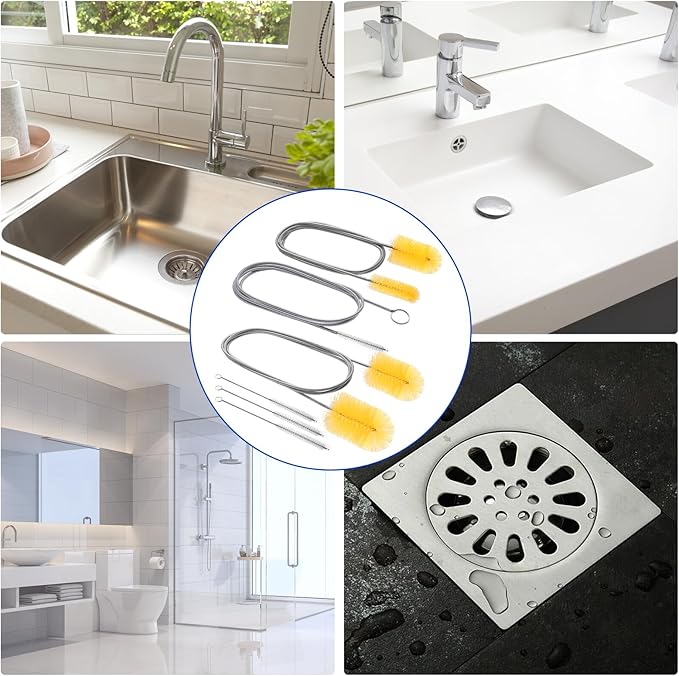 6pcs Flexible Drain Brush 78 Inch Pipe Cleaning Brush 63 Inch Drain Cleaner Brush 59 Inch Hose Brush and 3 Pcs 9 Inch Straw Cleaner Brush for Straws Kitchen Sink Plumbing Shower Drain Tube (Yellow)