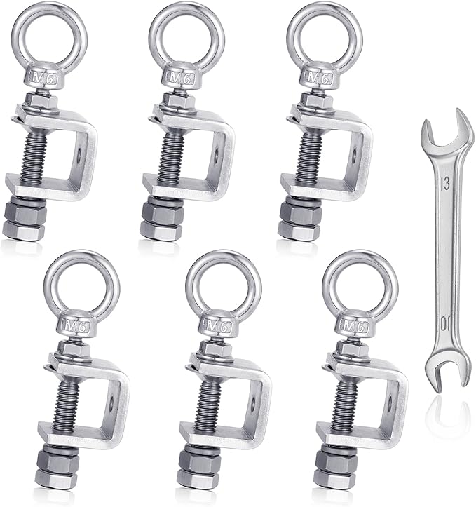 6-Pack Small C Clamps – 304 Stainless Steel Beam Clamps with M6 Screw Ring | Adjustable, Rust-Resistant I Beam Clamps for Ring Beams, Welding, Woodworking, Plants & Desk Use. Wide Jaw Openings (20MM)