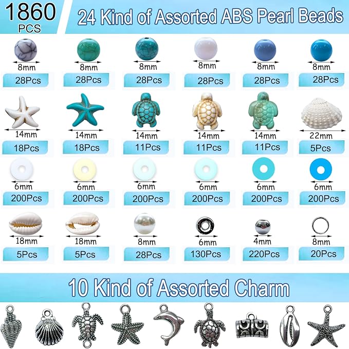 1860Pcs Ocean Beads for Bracelets Making Kit, Sea Turtle Shell Starfish Shape - Image 4