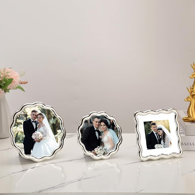 High-End Silver 4x4'' Round Zinc Alloy Picture Frames, Unique Wave Design - Image 3