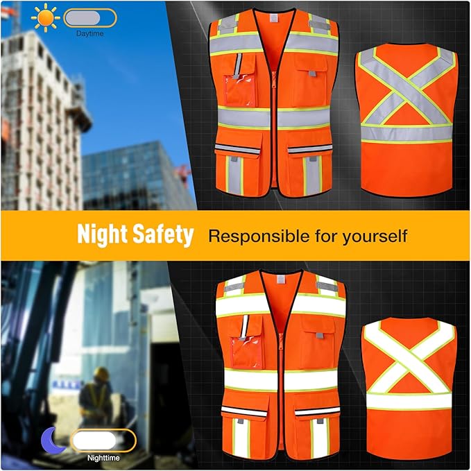 Class 2 Safety Vest with Zipper Front and multiple Pockets, High Visibility Vest, Meets ANSI/ISEA Standards