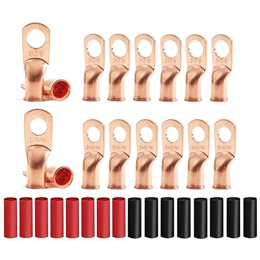 8Pcs 2 AWG 3/8" Stud and 8Pcs 2 AWG 5/16" Stud Heavy Duty Copper Wire Lugs with 16Pcs Heat Shrink Tubing 2 Gauge Ring Terminals 2 AWG Battery Cable Ends Bare Copper Eyelets