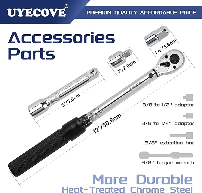 3/8-Inch Drive Click 3/8 Torque Wrench 4 Pcs Set, 10~45FT/13.5-61N.m, Torque Wrench 3/8 with Extention Bar, 3/8'' to 1/2'' Adaptor and 3/8'' to 1/4'' Adaptor