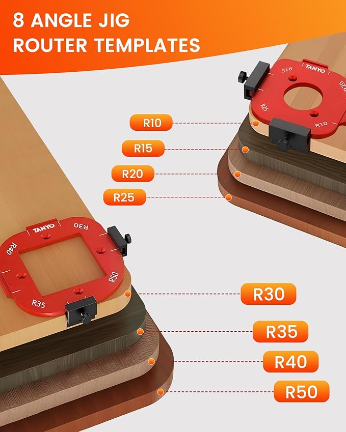 TANYO Router Corner Radius Template, Plastic Box Router Jig with 8 Radius, Aluminum Alloy Router Templates for Woodworking R10/R15/R20/R25/ R30/R35/R40/R50