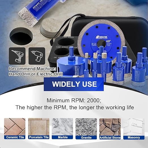 SHDIATOOL Diamond Drill Bits Kit - Core Bits Hole Saw Sets,Mould Guide for Drilling Porcelain Tile Marble Ceramic Granite with Hollow EVA Guide Jig 13pcs(6/8/10/20/25/28/32/35/50/65/1-3/4in+4.5in+6mm)