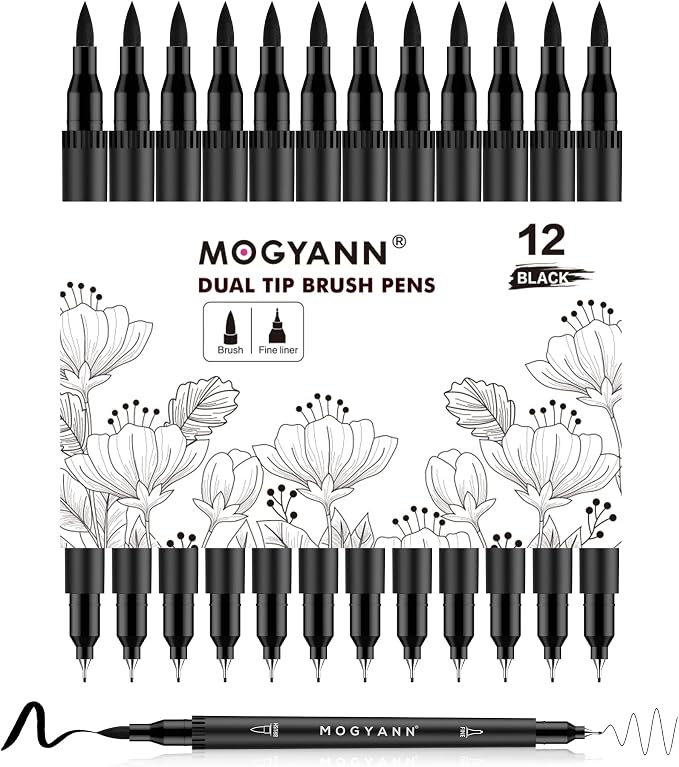 Drawing Pens, 12 Pack Dual Brush Pens Black Markers by Mogyann