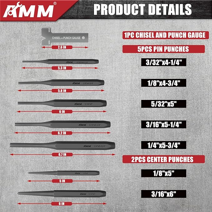 AMM 16PCS Punch and Chisel Set, including Taper Punch, Cold Chisels, Pin Punch and Center Punch, Cr-V for Working with Wood, Metal, Automotive