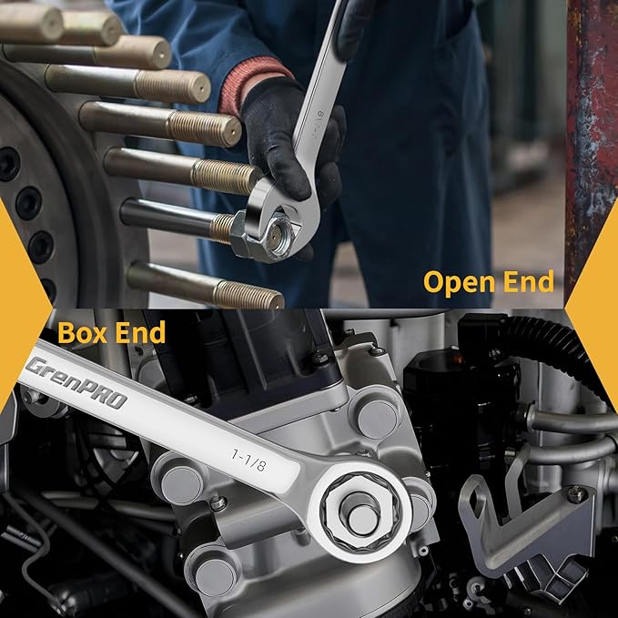 SAE Wrench Set, Large Wrench Set, 7-Piece 15/16″, 1", 1-1/16", 1-1/8", 1-3/16", 1-1/4" Long Big Open End Wrench Tools Set Roll Up Pouch Organizer with Gauge, 12 Point Combination Wrenches Sets
