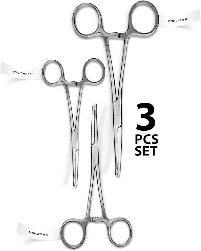 Hemostats ROCHESTER PEAN Forceps Locking Pliers Clamps Tongs Full Serrated Stainless Steel set Of 3 pcs 9,10,12 Inch Curved (Curved 9,10,12 Inches 3 pcs Set)