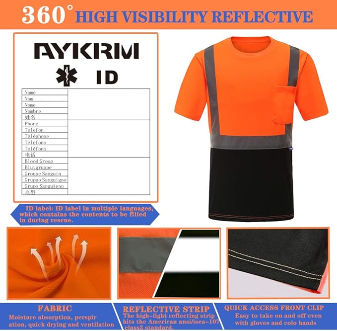 AYKRM Safety T Shirt Reflective High Visibility hi vis Long Sleeve T Shirt (XS-6XL)