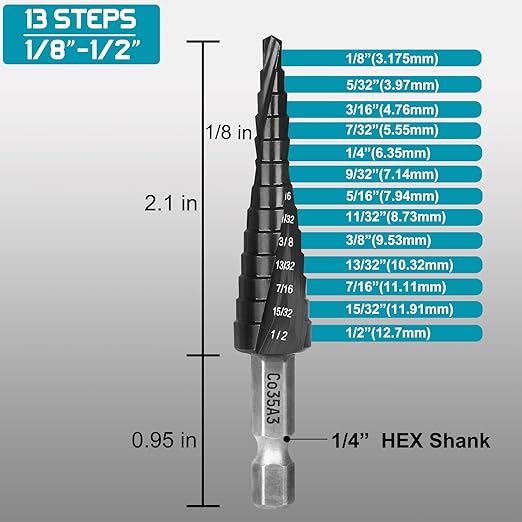 Step Drill Bits for Metal, 1/8 to 1/2, Cobalt Bit, Heavy Duty for Stainless Steel,Metal, Aluminum, Wood, Copper, Wood, 13-Steps. #202