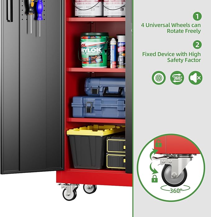 71" Metal Storage Cabinet with Wheels and Pegboard, Lockable Rolling Steel Storage Cabinet with 5 Adjustable Shelves and Door for Garage, Office, Kitchen, Assembly Required,Black and red