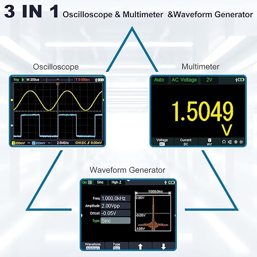 HANMATEK 3 in 1 Handheld Oscilloscope Multimeter with 2 Channels HO52S 3.5"TFT Oscilloscop, 50Mhz Waveform Generator Multimeter Backlit Screen, Auto-Calibration Function, Memory Function, Multi Tester